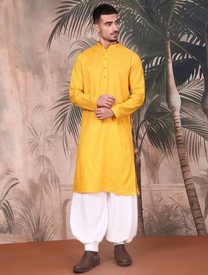 yellow cotton textured kurta pajama for mens 5