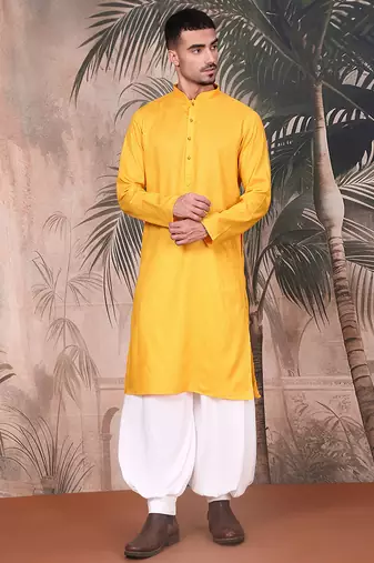 yellow cotton textured kurta pajama for mens