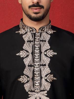 Cotton silk embroidered festive black kurta 2