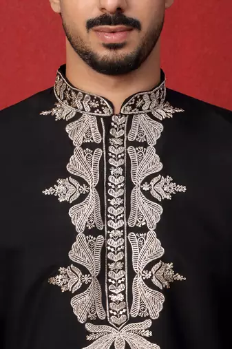 Cotton silk embroidered festive black kurta