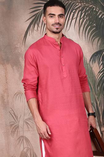 Pink cotton textured kurta pajama for mens