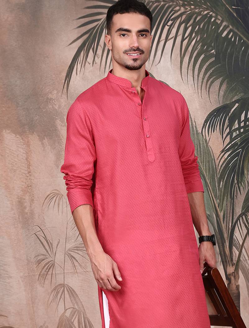 Pink cotton textured kurta pajama for mens