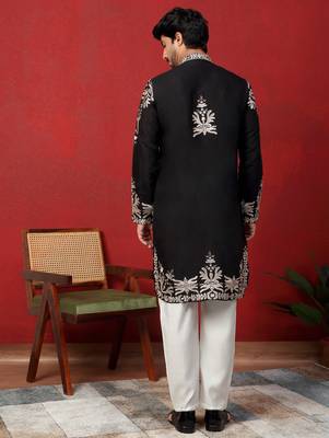 Cotton silk embroidered festive black kurta 3