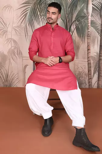 Pink cotton textured kurta pajama for mens