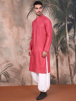 Pink cotton textured kurta pajama for mens 3