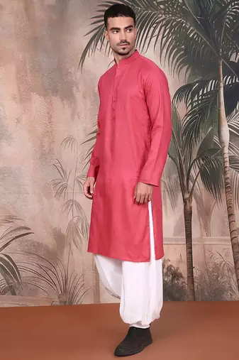 Pink cotton textured kurta pajama for mens