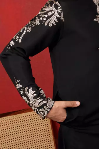 Cotton silk embroidered festive black kurta