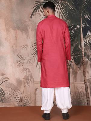 Pink cotton textured kurta pajama for mens 4