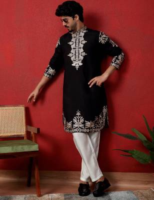 Cotton silk embroidered festive black kurta 5