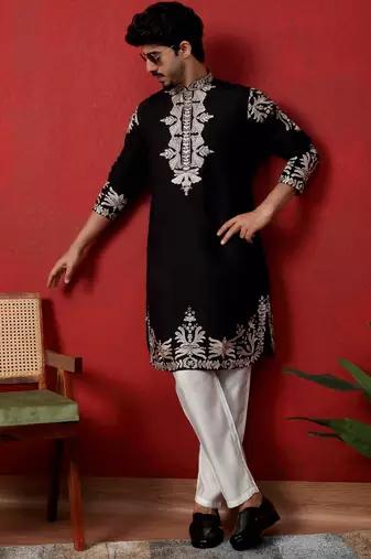 Cotton silk embroidered festive black kurta