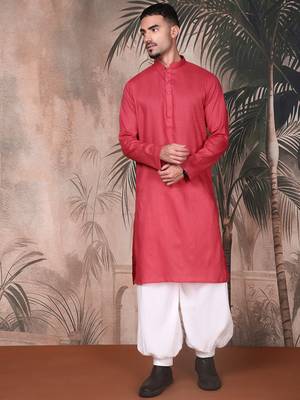 Pink cotton textured kurta pajama for mens 5