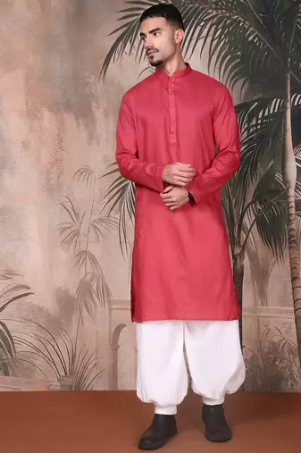Pink cotton textured kurta pajama for mens