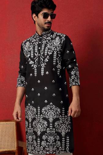 Black thread & sequins floral embroidered cotton silk kurta