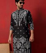 Black thread & sequins floral embroidered cotton silk kurta