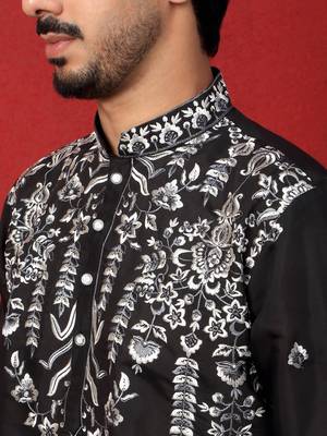 Black thread & sequins floral embroidered cotton silk kurta 2