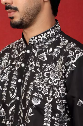 Black thread & sequins floral embroidered cotton silk kurta