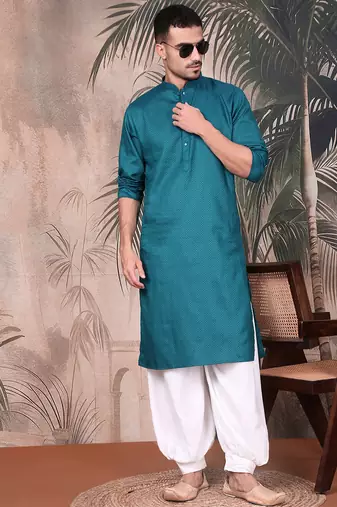 Firozi cotton textured kurta pajama for mens