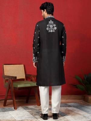 Black thread & sequins floral embroidered cotton silk kurta 3