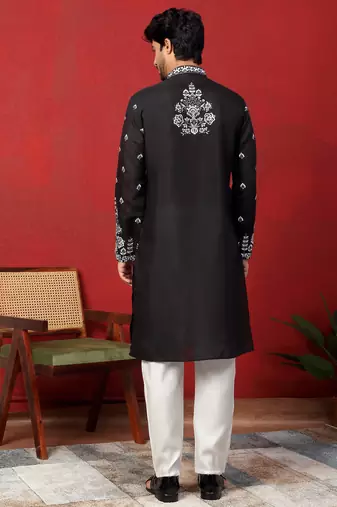 Black thread & sequins floral embroidered cotton silk kurta
