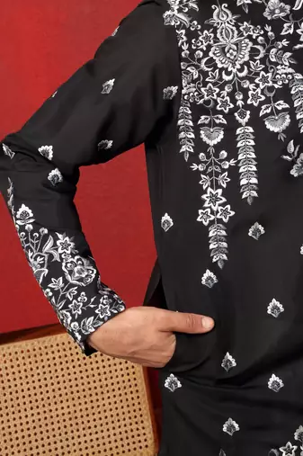 Black thread & sequins floral embroidered cotton silk kurta