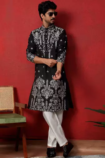 Black thread & sequins floral embroidered cotton silk kurta