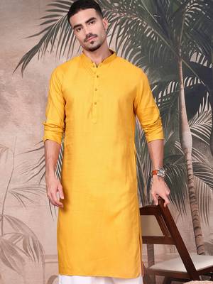 Yellow cotton textured kurta pajama for mens 1