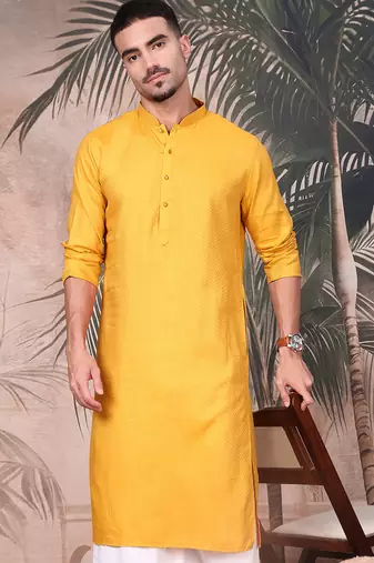 Yellow cotton textured kurta pajama for mens