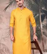 Yellow cotton textured kurta pajama for mens