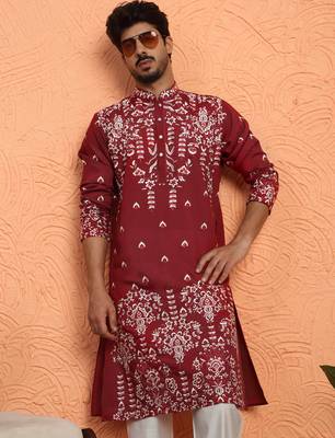 Maroon thread & sequins floral embroidered cotton silk kurta 1
