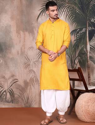 Yellow cotton textured kurta pajama for mens 2