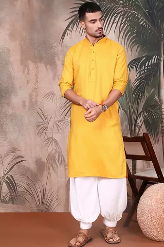 Yellow cotton textured kurta pajama for mens