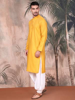 Yellow cotton textured kurta pajama for mens 3