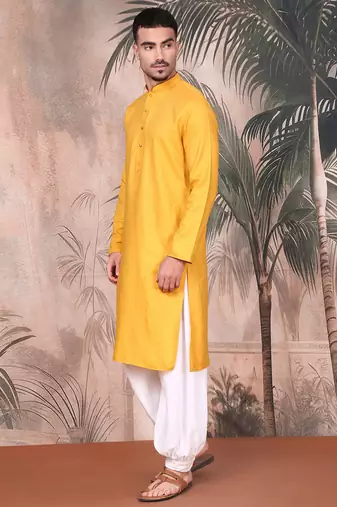 Yellow cotton textured kurta pajama for mens