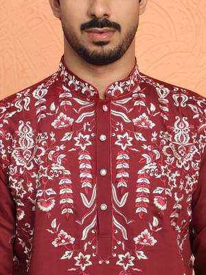 Maroon thread & sequins floral embroidered cotton silk kurta 2