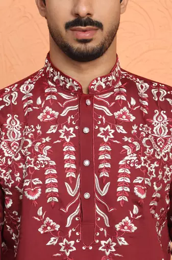 Maroon thread & sequins floral embroidered cotton silk kurta