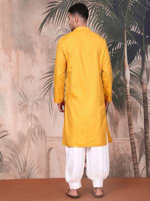 Yellow cotton textured kurta pajama for mens 4