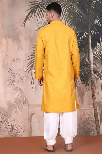 Yellow cotton textured kurta pajama for mens