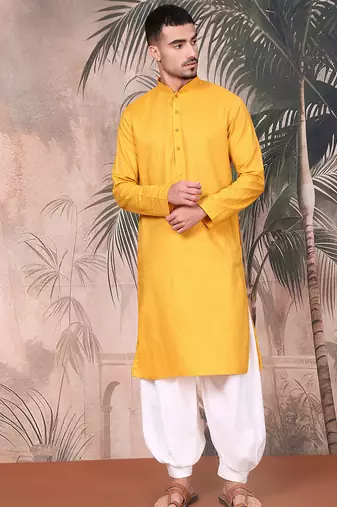 Yellow cotton textured kurta pajama for mens