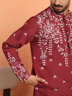 Maroon thread & sequins floral embroidered cotton silk kurta 4