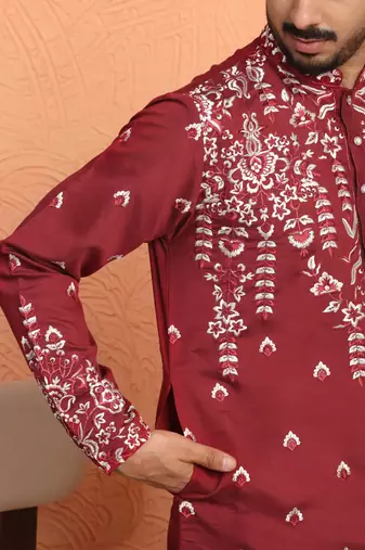 Maroon thread & sequins floral embroidered cotton silk kurta