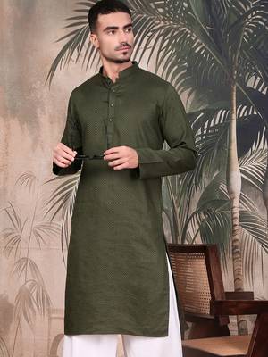 Olive cotton textured kurta pajama for mens 1