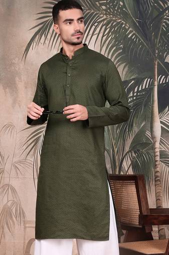 Olive cotton textured kurta pajama for mens