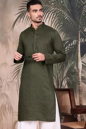 Olive cotton textured kurta pajama for mens