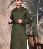 Olive cotton textured kurta pajama for mens