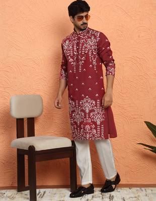 Maroon thread & sequins floral embroidered cotton silk kurta 5