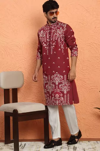 Maroon thread & sequins floral embroidered cotton silk kurta