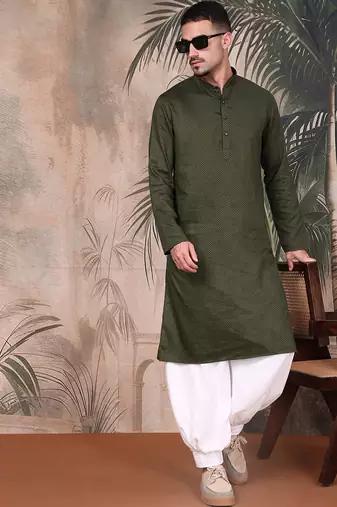 Olive cotton textured kurta pajama for mens