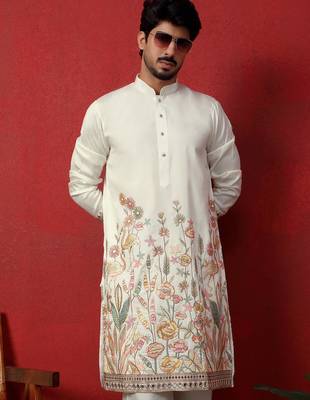 Cream multicolor thread & zari embroidered georgette kurta 1