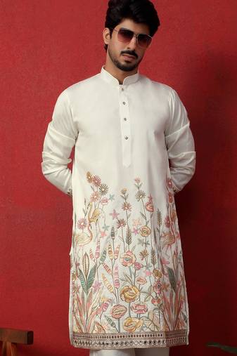 Cream multicolor thread & zari embroidered georgette kurta
