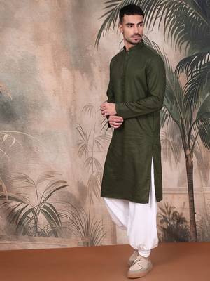 Olive cotton textured kurta pajama for mens 3
